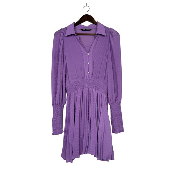 Zara Long Sleeve Ruffle Elastic Cuffs Flounced Hem 3 Buttons Mini Dress L Purple - Picture 14 of 15